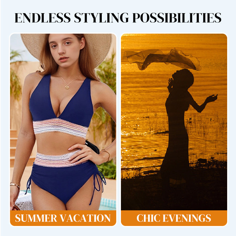 ⛱️ S-4XL 🌺 Σετ μπικίνι με ψηλή μέση και έλεγχο κοιλιάς, με χρωματικές ενώσεις 🌈👙